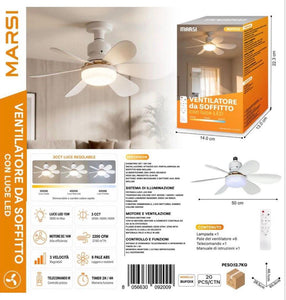 Ventilatore da Soffitto con Luce LED 50 cm e Telecomando – 6 Pale, 3 Velocità, Luce Regolabile