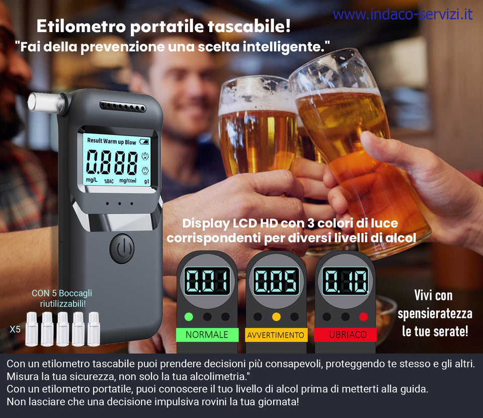 Etilometro Portatile Certificato-Alcol Test con Display LCD